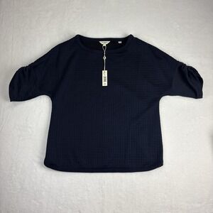 Max Studio London Navy Blue Cropped Top Waffles Patterns Small Size